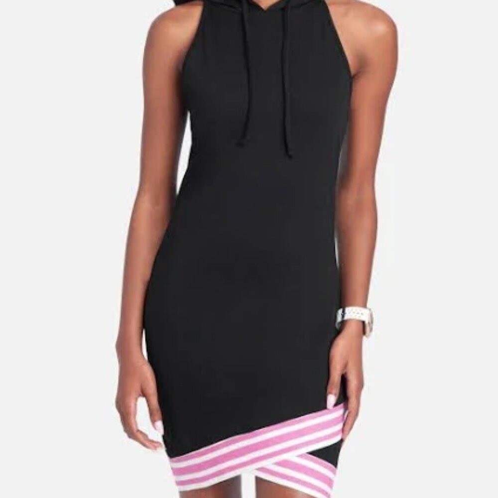 NWT Bebe Black & Pink Sleeveless Hoodie Mini Dress Fitted Women’s Size S