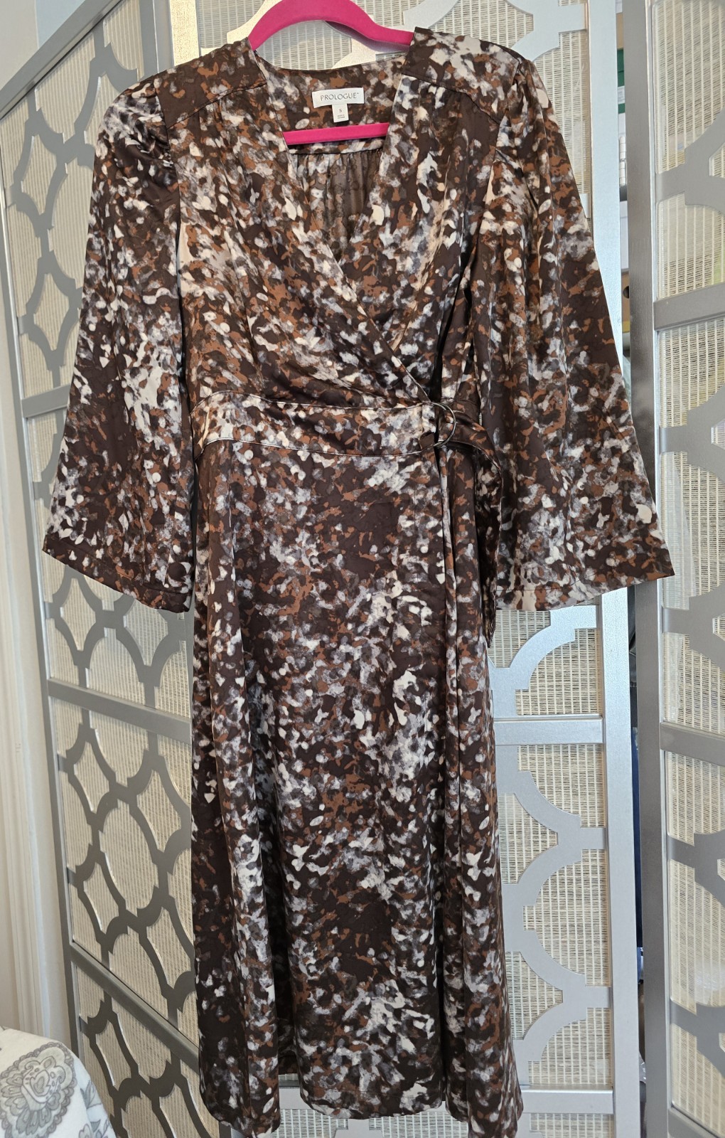 Prologue Women’s brown print wrap dress Sz S Kimono sleeve
