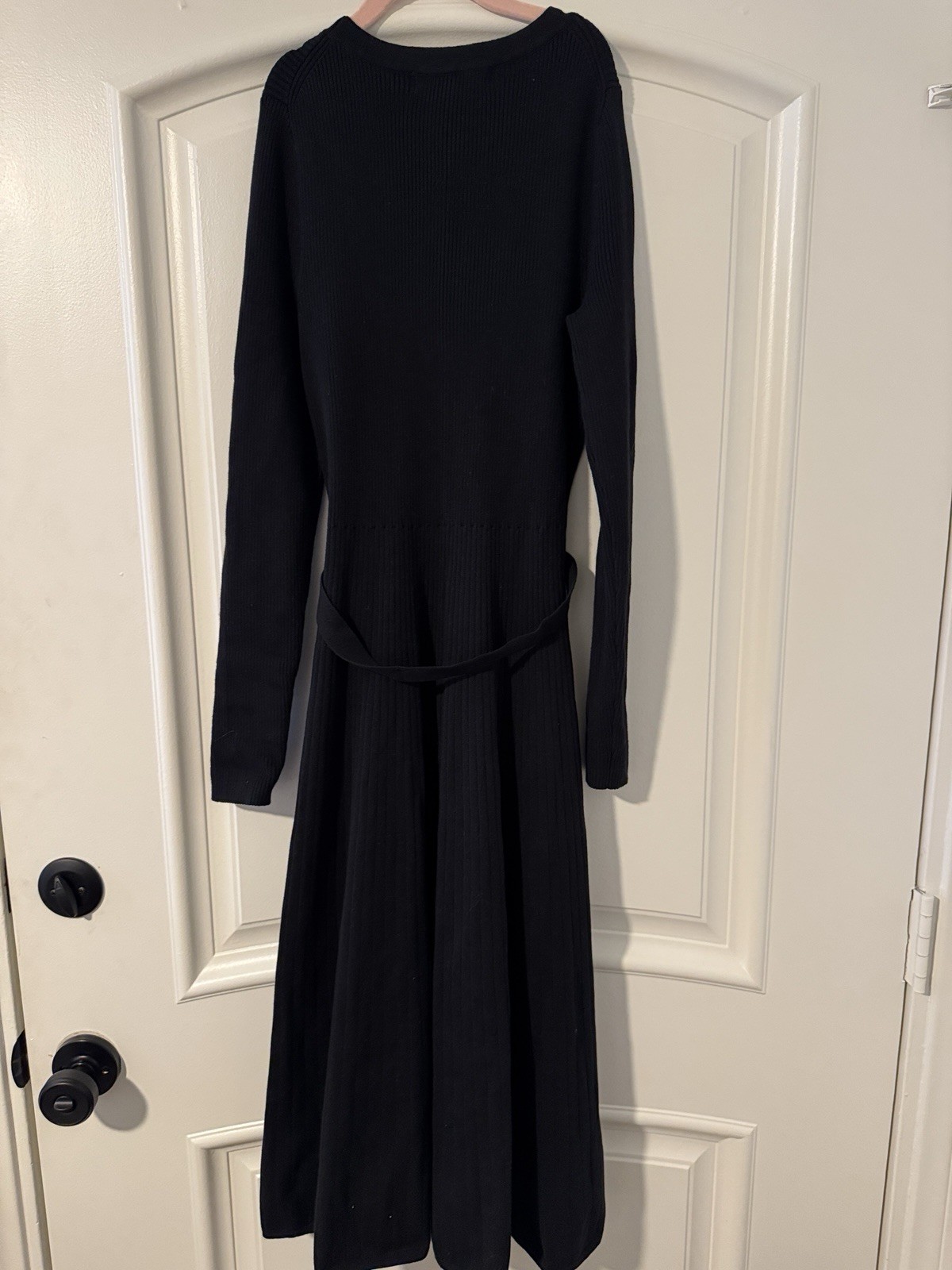 BODEN Black Ribbed Knit Midi Dress UK 8R / US 4R Belted Long Sleeve A-Line