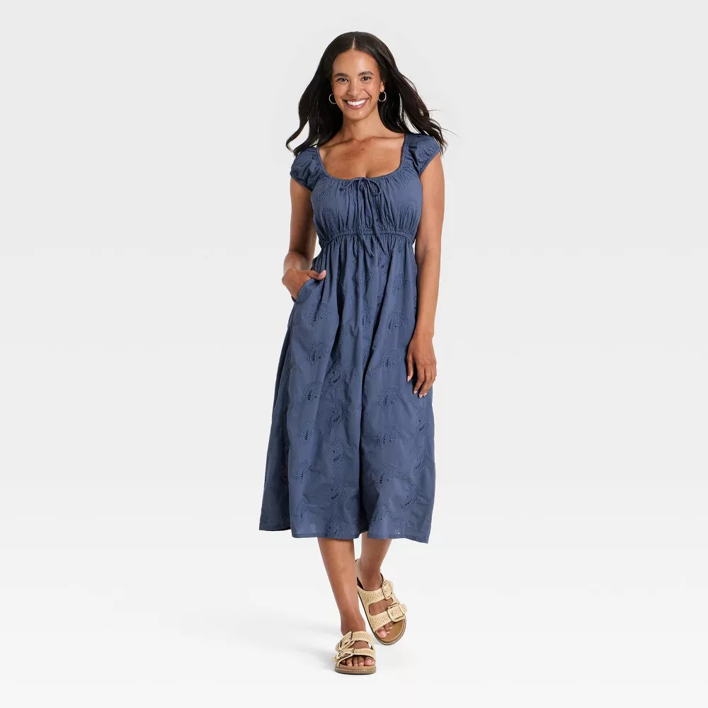 Women Cap Sleeve Eyelet Midi Sundress – Universal Thread Slate Blue XS