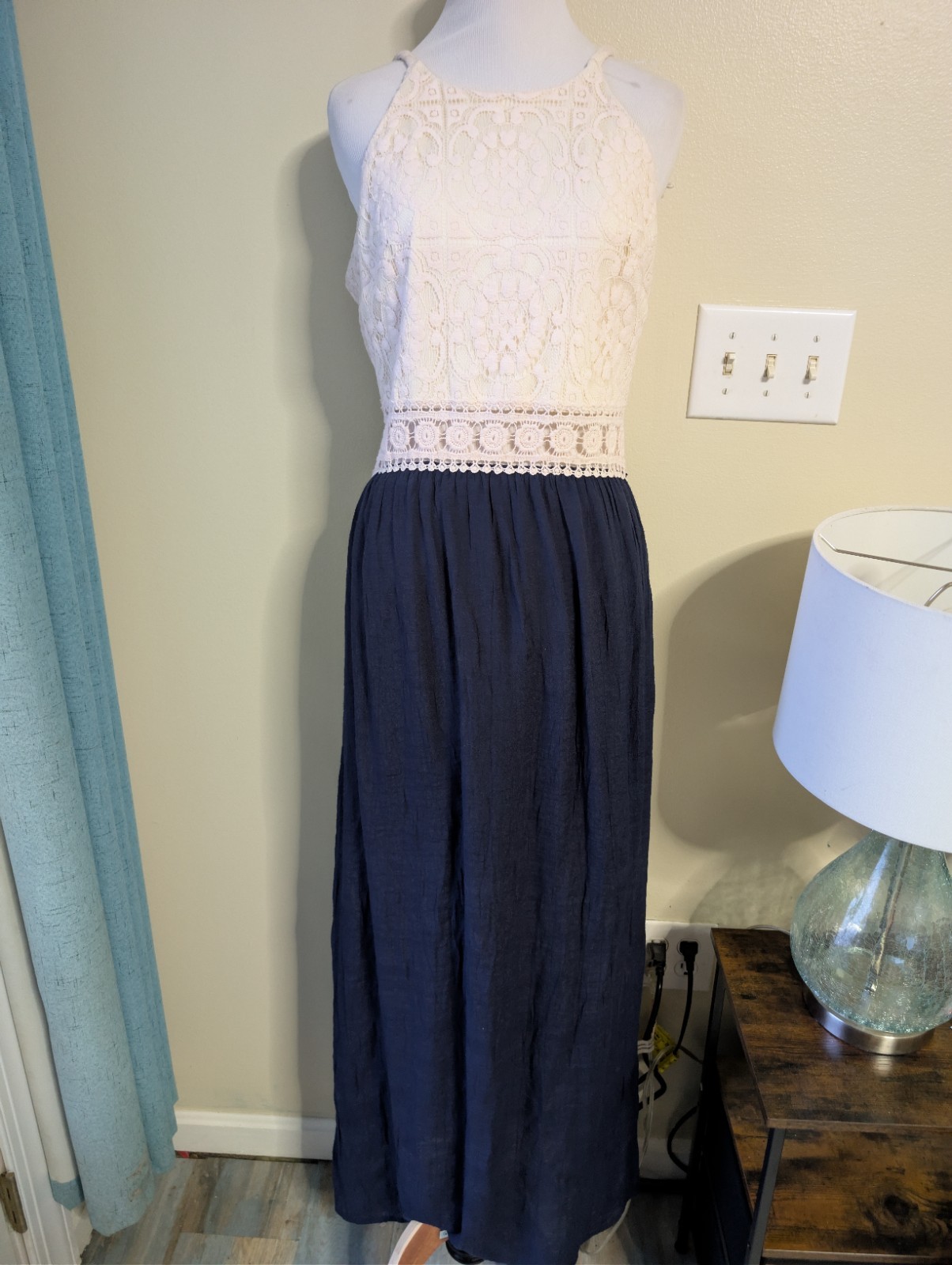 IZ Buyer Pink Lace lace Over White Halter With Navy Flowy Skirt