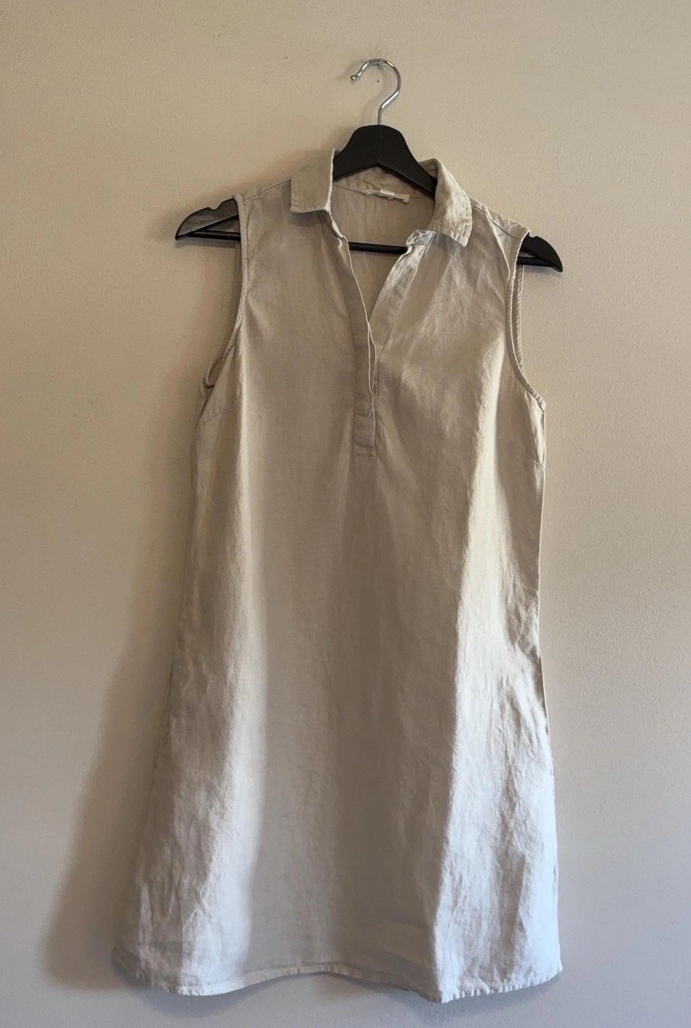 Beach Lunch Lounge Dress Womens XS Beige Linen Collared Sleeveless Shift Summer