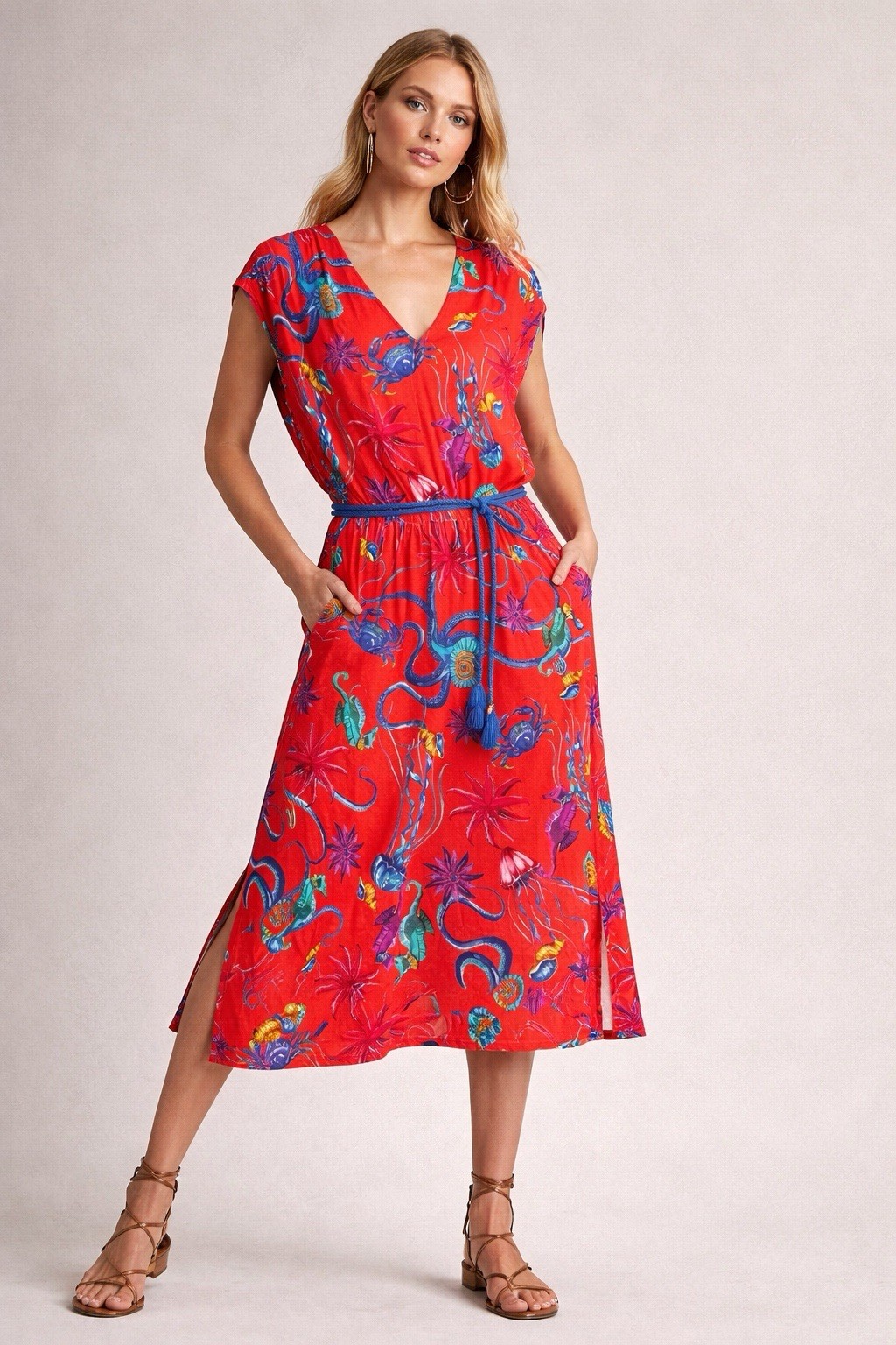 Twinset U&B Dress XL NWT Red Ocean Print V Neck Tassel Belt Resort