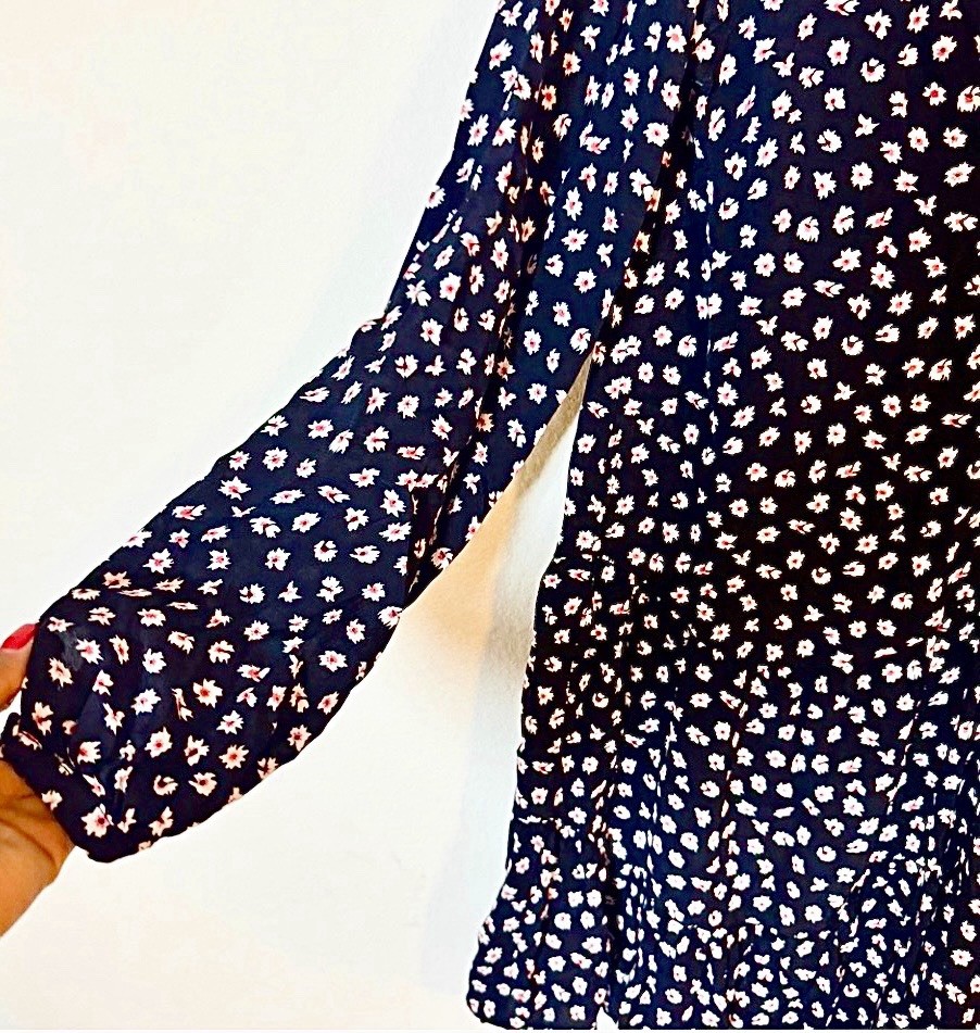 LOFT Navy Floral Fit & Flare Short Dress V-Neck Long Sleeve Button Front XXS