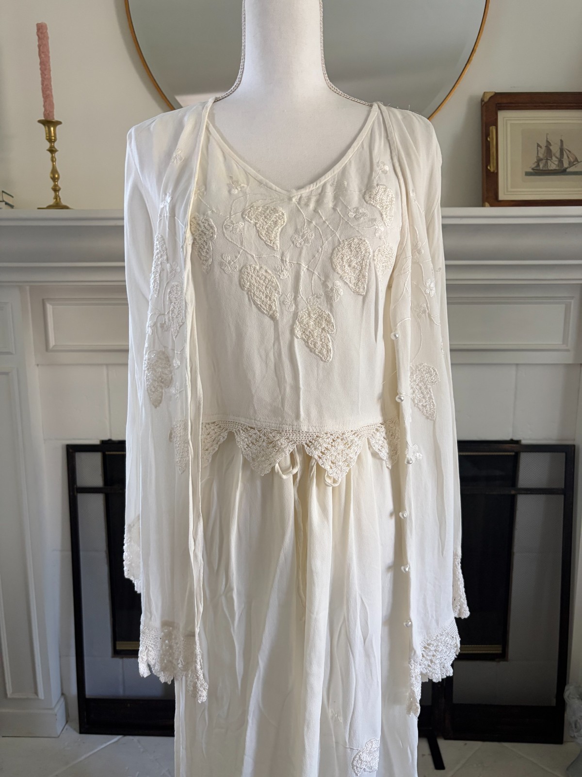 VTG Y2K 90’s Skirt, Camisole Blouse White Papillon Fairy Lace Sz L Embroidered