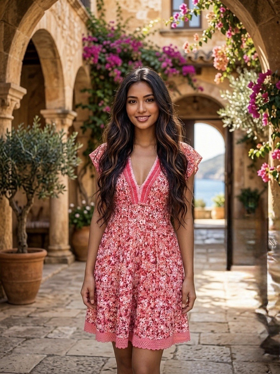 Poupette St Barth Pink Floral V-Neck Smocked Flutter Sleeve Knee Dress L