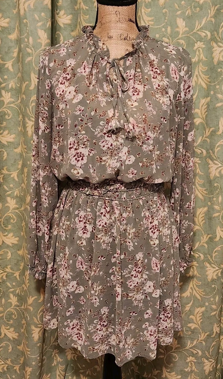 Kori America Women’s S Green Floral Long Sleeve Chiffon Ruffled A-Line Dress