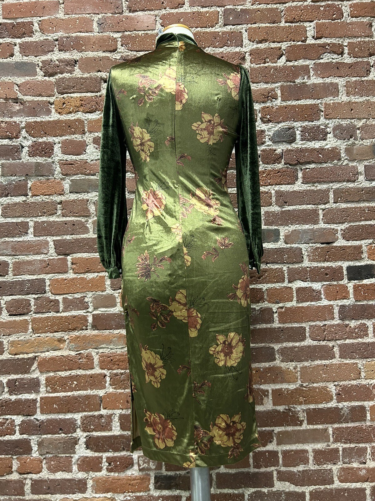 Miss Egg Akutagawa Vintage Stand Collar Velvet Side Slit Floral Qi Dress Medium