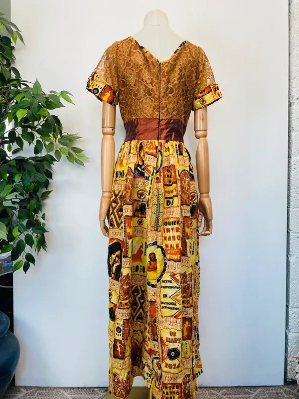 Vintage Handmade Yellow Orange Brown Cotton Lace Maxi Dress Pockets 12