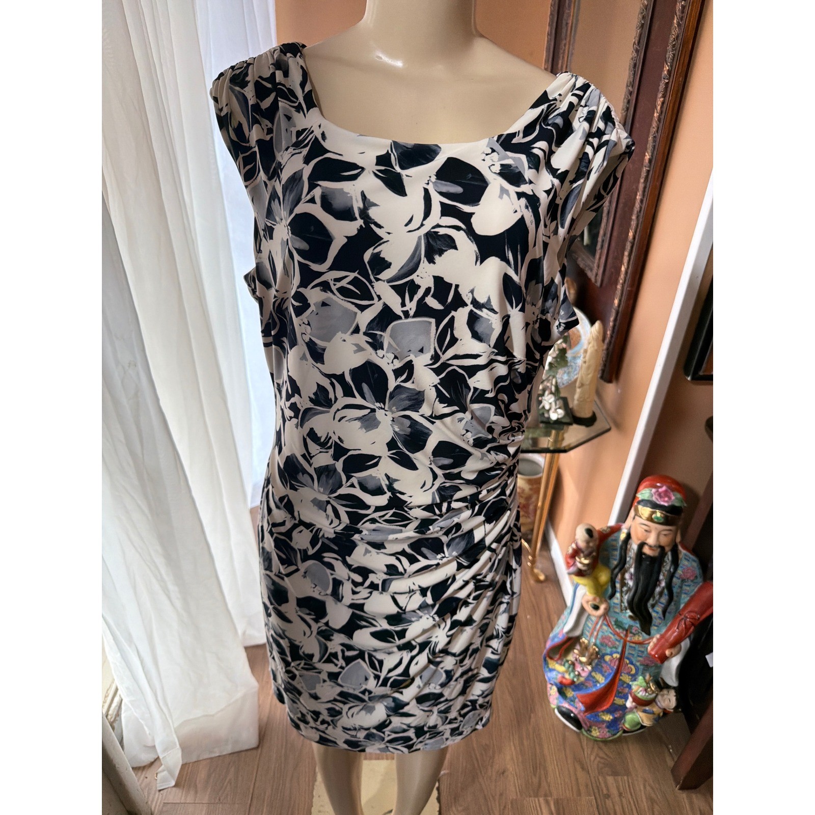 Lauren Ralph Lauren Navy Cream Floral Ruched Sheath Dress Size 16 Sleeveless