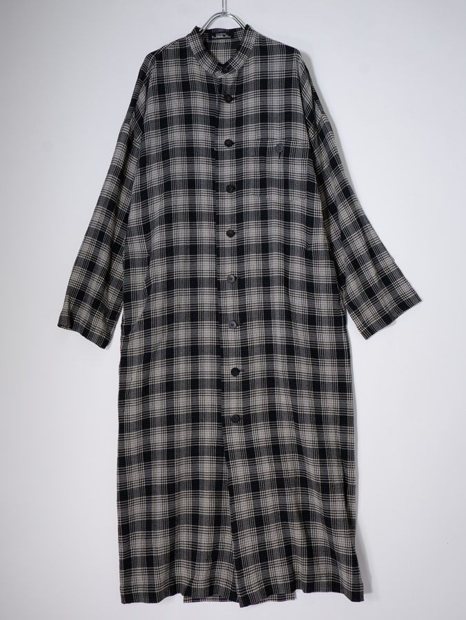 ISSEY MIYAKE Issey Miyake PERMANENTE Summer Wool Check Stand Collar Maxi Shirt D