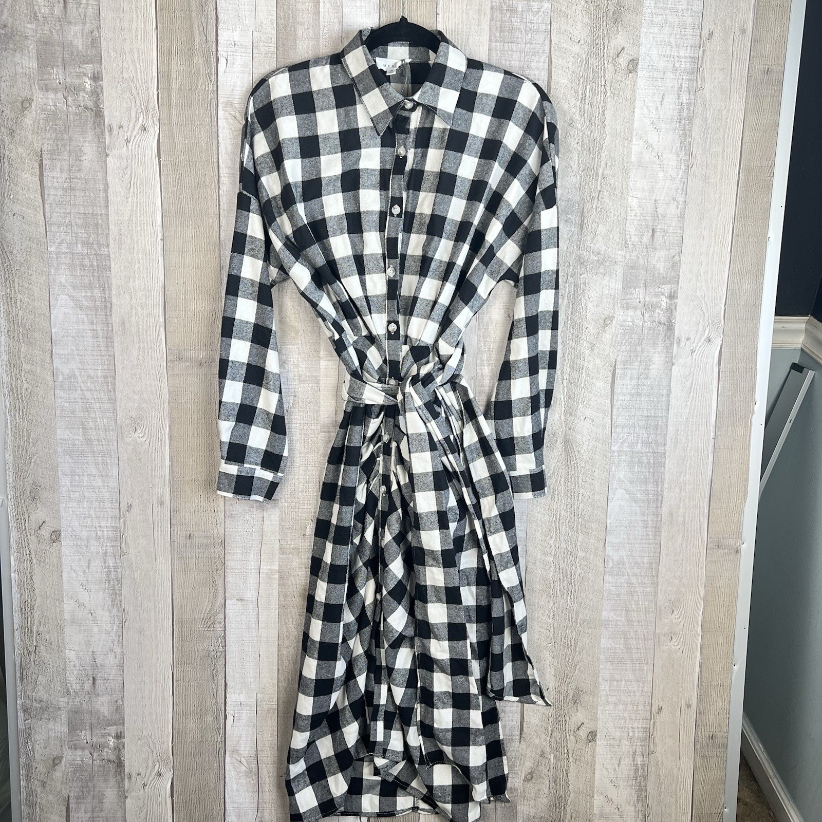 Mable Haeri Flannel Button Down Shirt Midi Dress Women Size Medium Black White