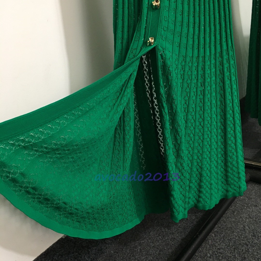 Sandro Women Summer Short Sleeve Elegant Green Lapel Knitted Long Dress