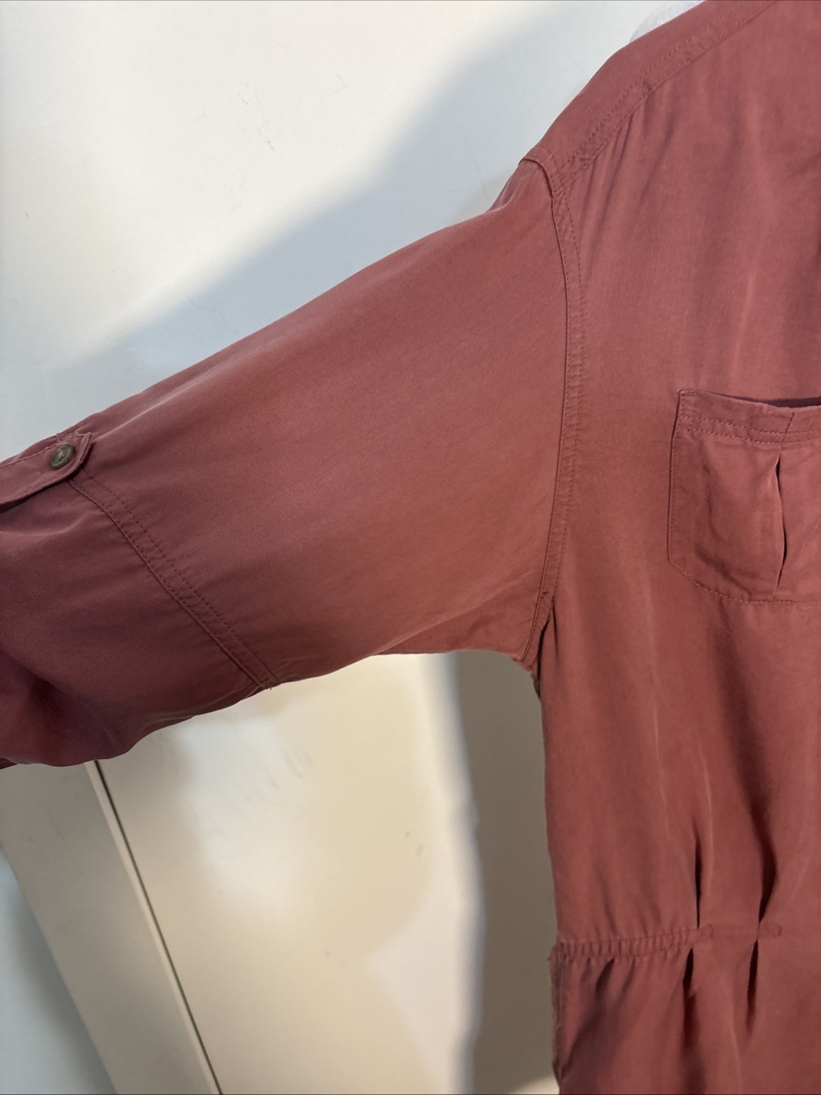 Fossil Roll-Up Sleeve Safari Utility Dress Brick Red Lyocell Tunic Medium