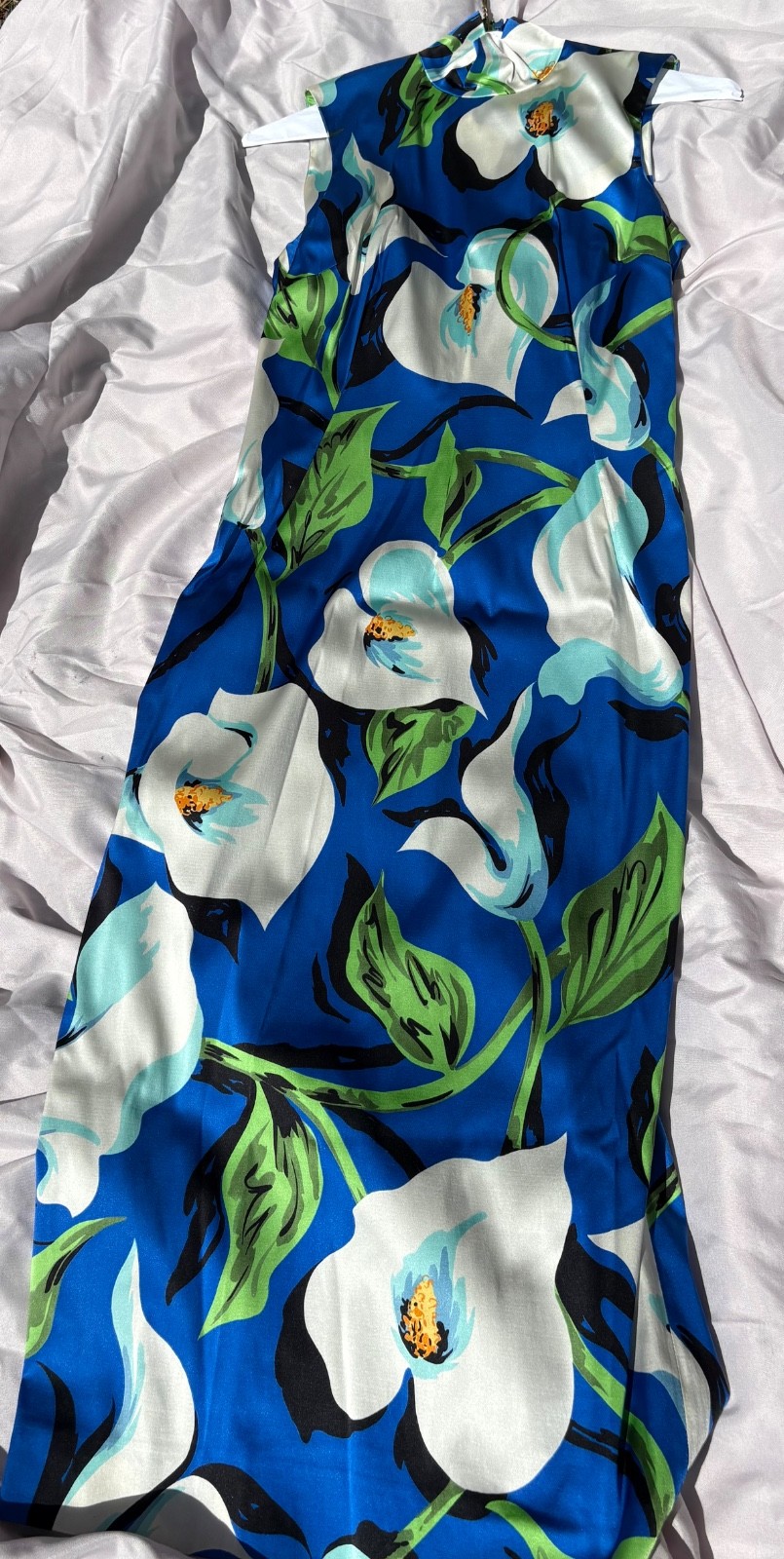 VTG 2002 Dolce & Gabbana Blue Floral Calla Lily Silk Blend Mock Neck Midi Dress
