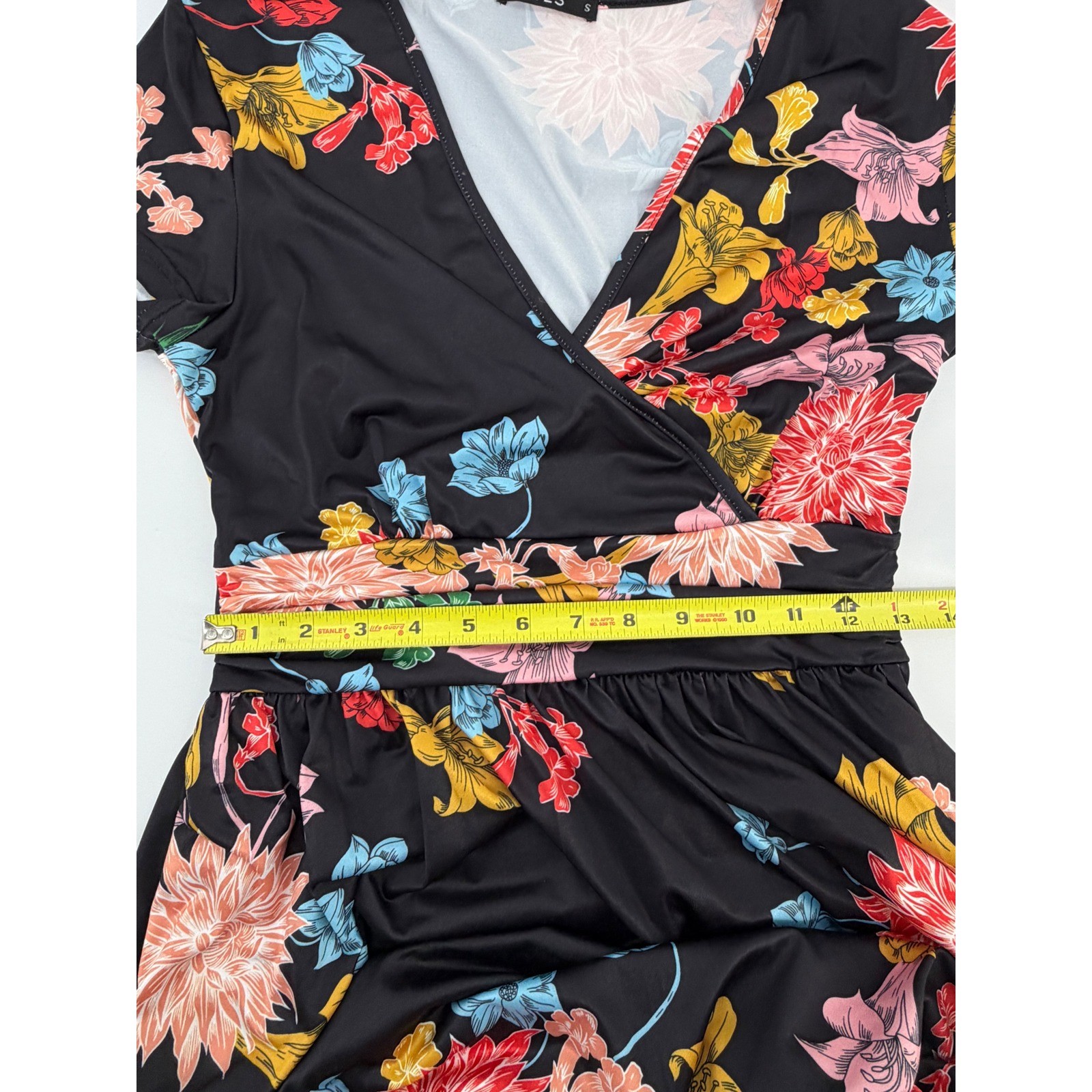OUGES Women’s Small Black Floral Maxi Dress Faux Wrap Short Sleeve Pockets