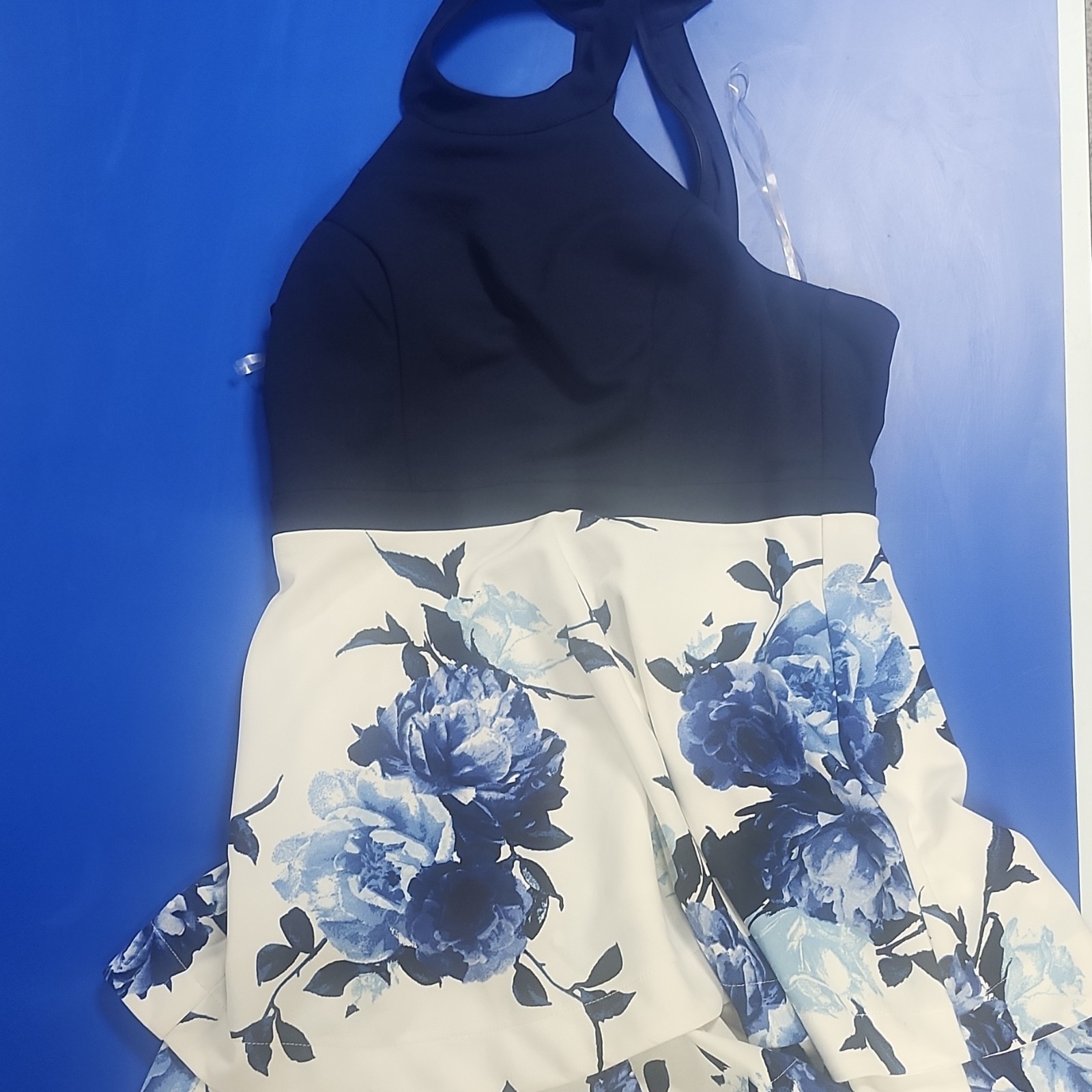 Xtraordinary Women’s M Halter Floral Fit & Flare Dress Black White Blue