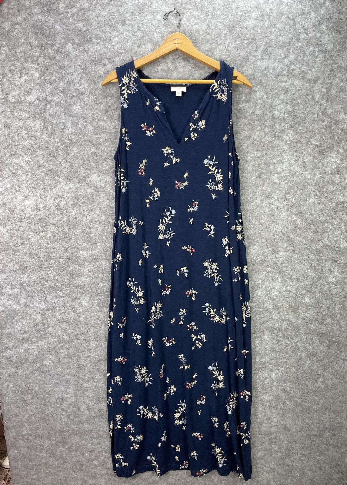 J. Jill Tank Dress Womens Medium Blue Floral Sleeveless V Neck Maxi Knit Jersey