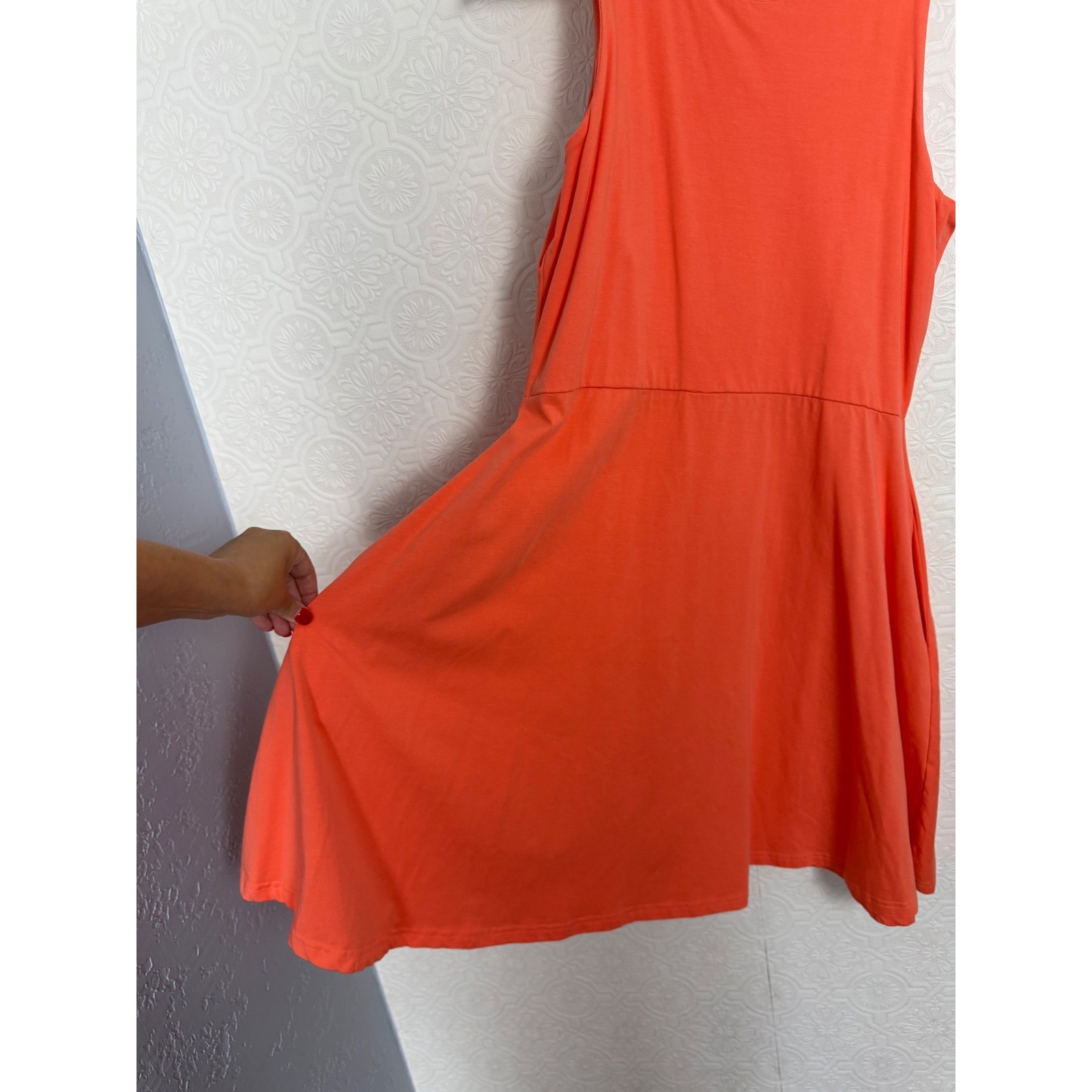 Pact Organic Cotton Fit and Flare Dress Coral Orange Sleeveless Pockets Large