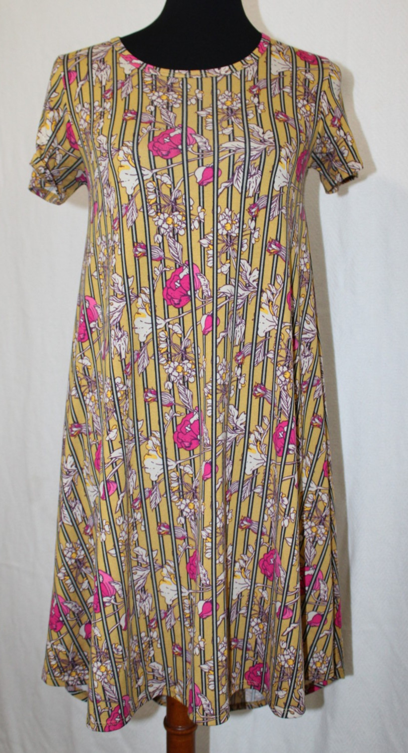 LuLaRoe Sz XXS Carly Swing Dress Beige Stripes w/ Pink Floral No Pocket