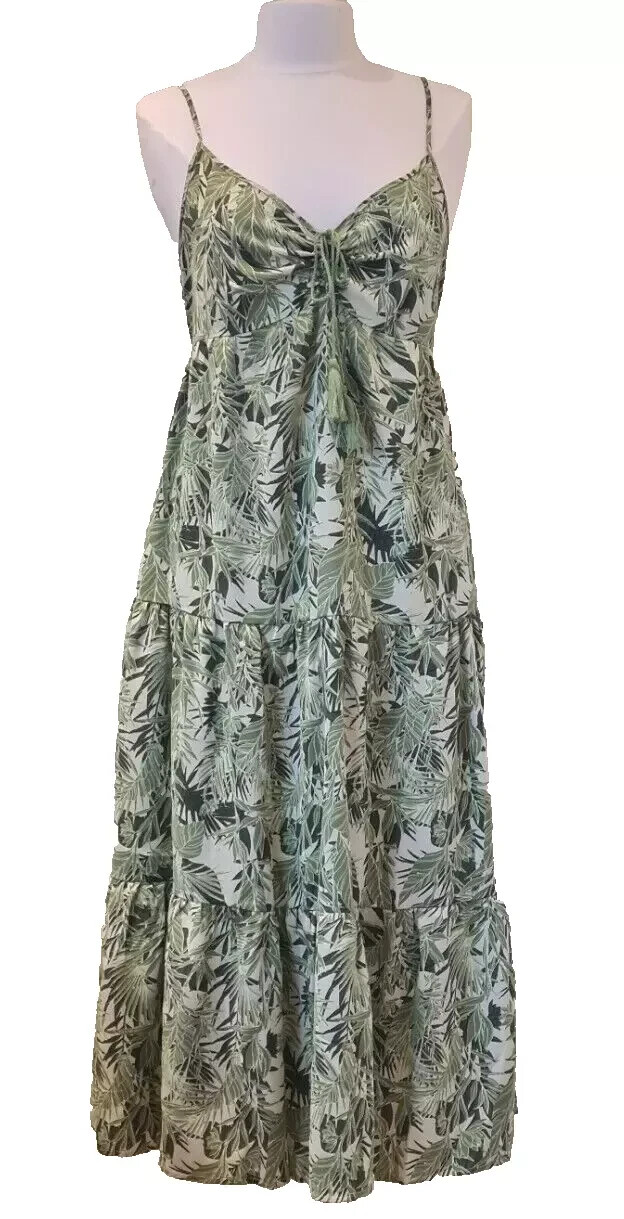 Women’s Summer Dress Green Palm Print V Neck Tie Straps Shirred Back UK 8-12 New