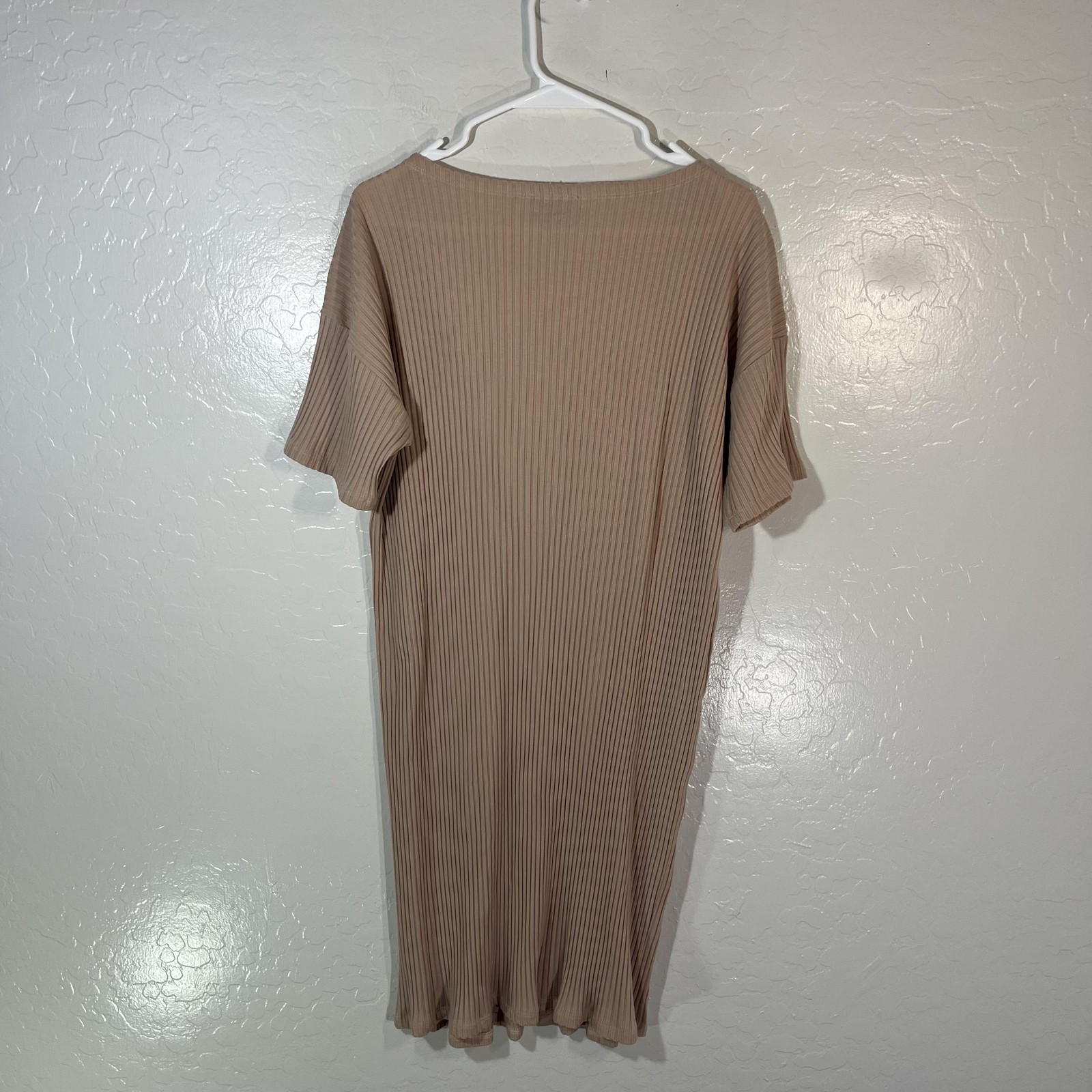 Eileen Fisher T-Shirt Dress Womens Medium Beige Ribbed Knit Short Sleeve USA