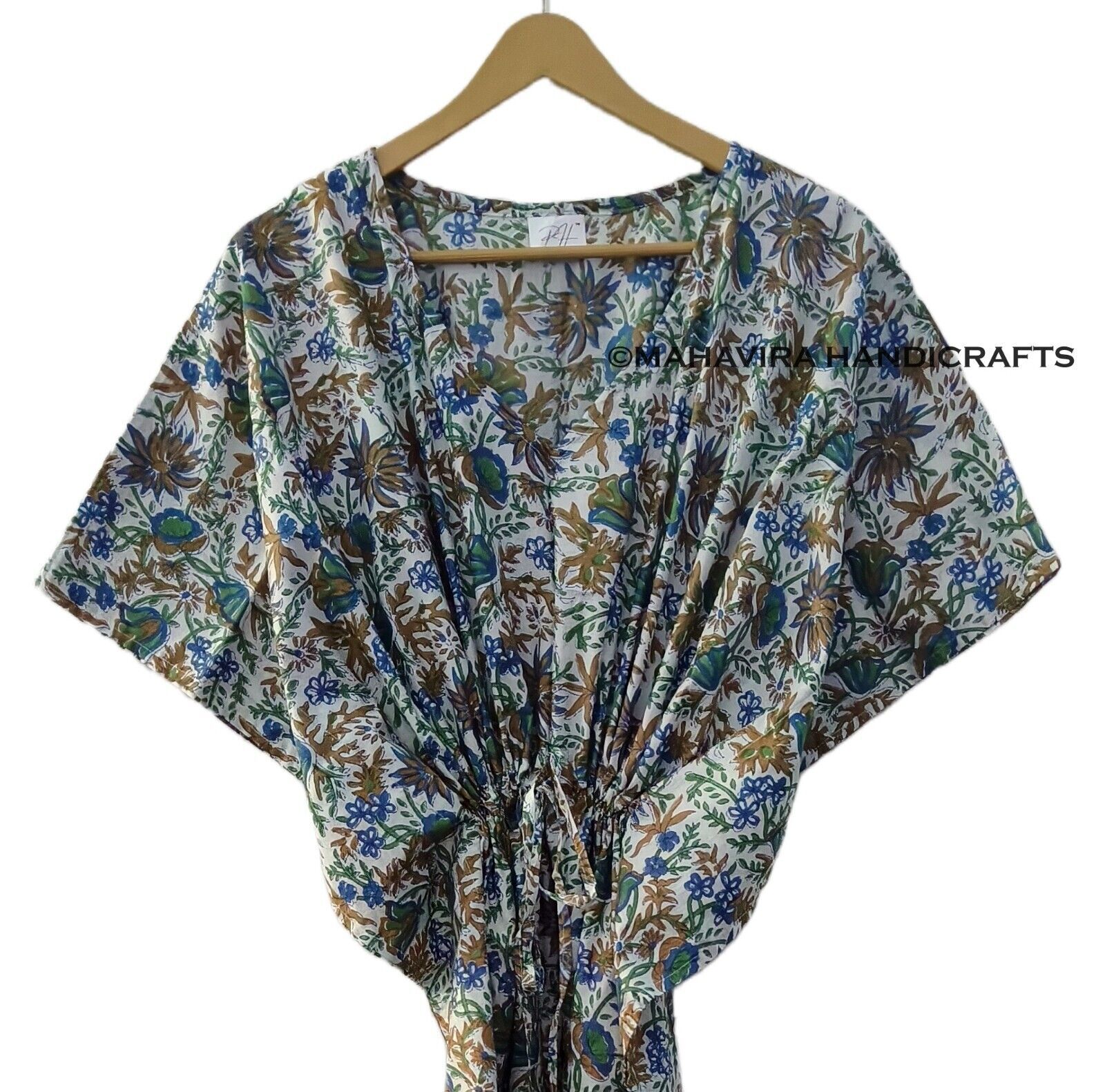 Indian Cotton Loose Short Sleeve Floral Print Brown Free Size gypsy Caftan Dress