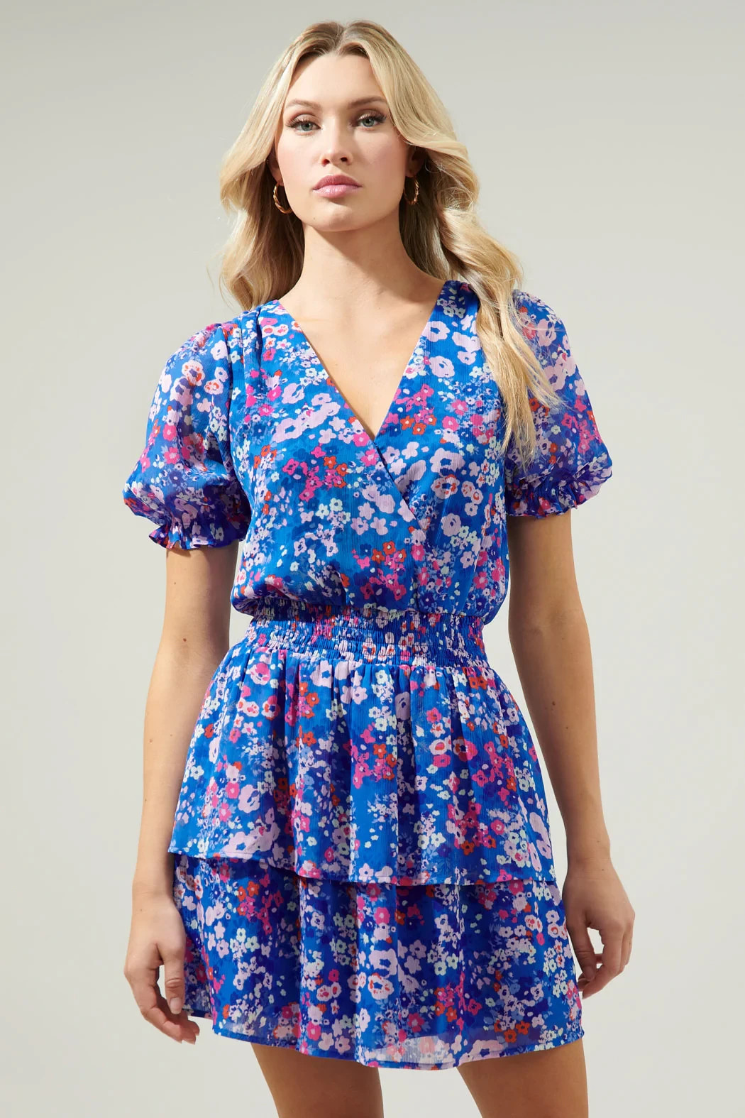 Sugarlips Junie Floral Amina Surplice Ruffle Mini Dress Tiered Blue Pink XL NWT