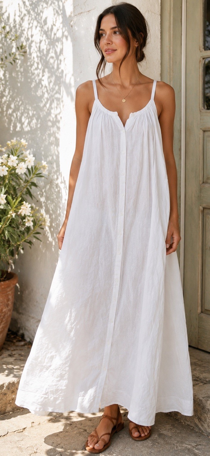 DOEN Salt Sleeveless Breezy White Linen Ankle Length Button Front Dress Sz XS