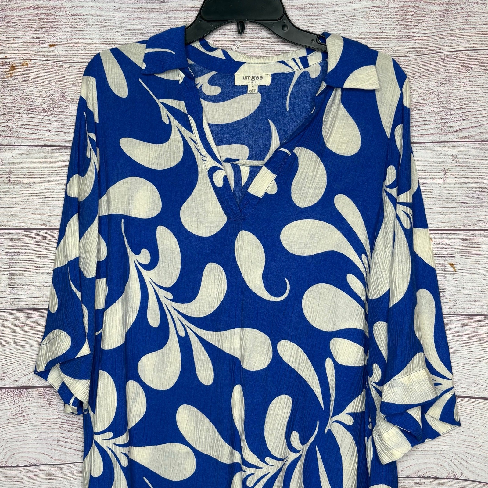 Umgee Tropical Blue & White Floral Flowy Loose Shift Collared Dress Size Small