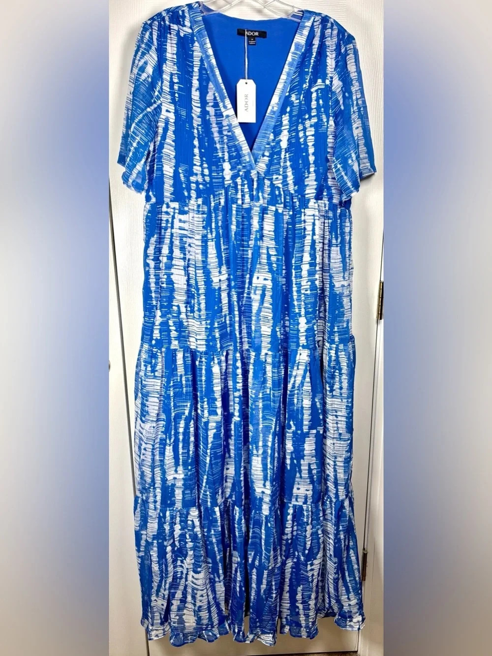 ADOR Maxi Chiffon Swing Summer Vacation Loose Fit Short Sleeve Dress Blue Medium