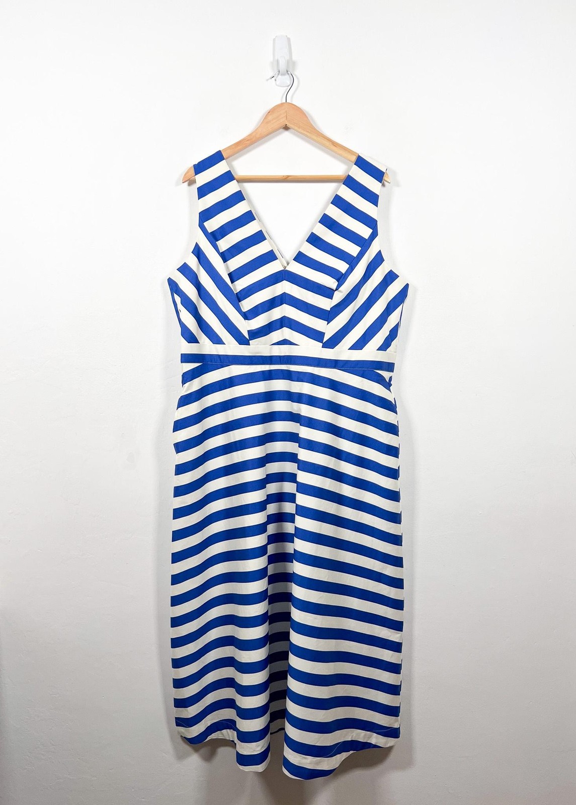 Boden Dress Size UK 20 Blue White Satin Panelled Bodice Midi Striped Fit Flare