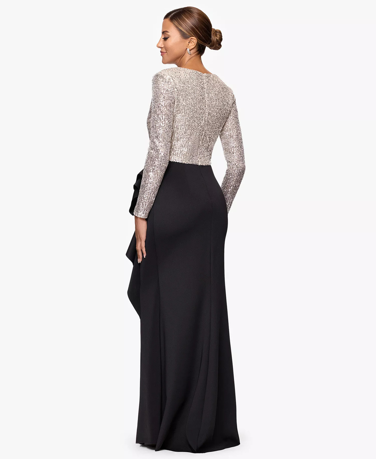 Xscape Sequin Gown 16 Black Silver Nude Ruffled Ruched Long Sleeve NWT $189
