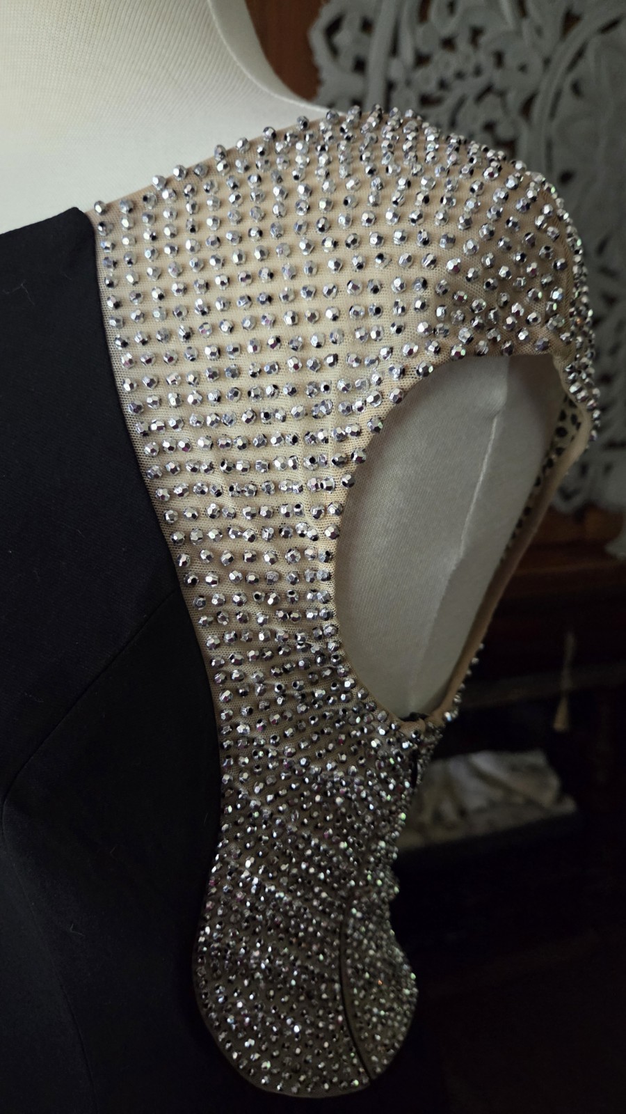 Xscape Long Formal Dress Black Sheer Back Silver Glitter Adornment & Shrug