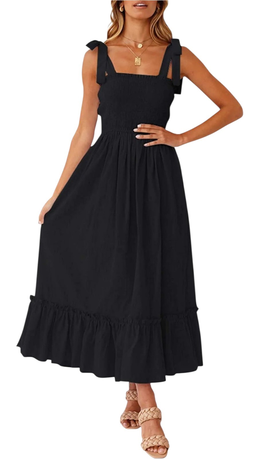 ZESICA Smocked Square Neck Tiered Maxi Dress size S Summer Sun Dress Tie Straps