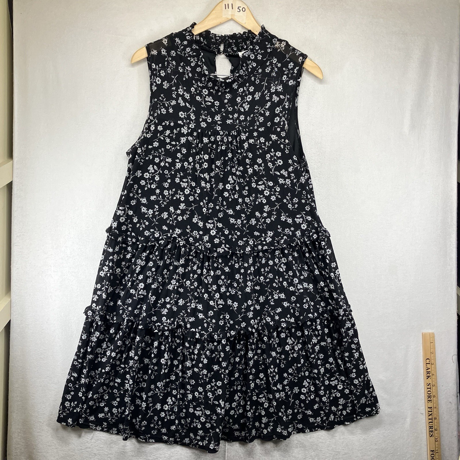 Women’s Black White Floral Rustic Tiered Midi Dress XL Gothic Dark Siren Lily