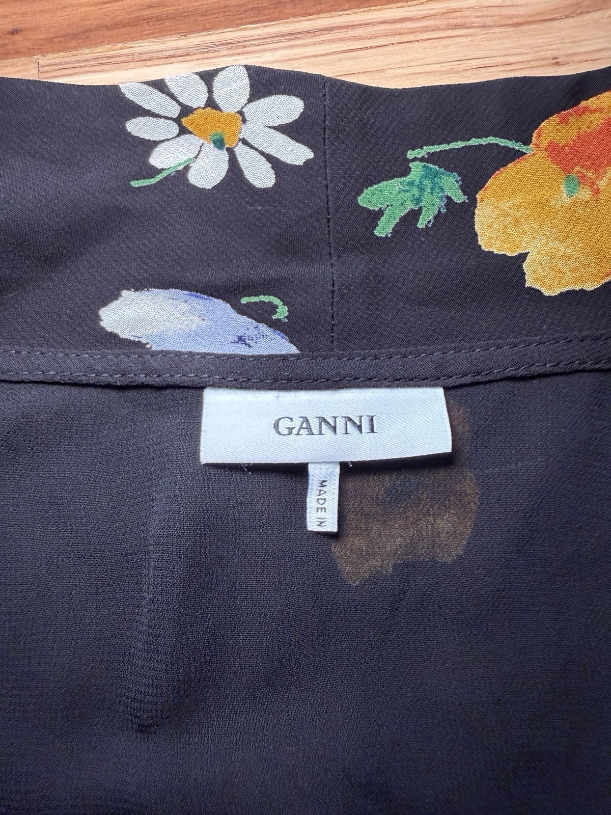 GANNI Dainty Georgette Floral Wrap Dress – Black Floral, EU 38