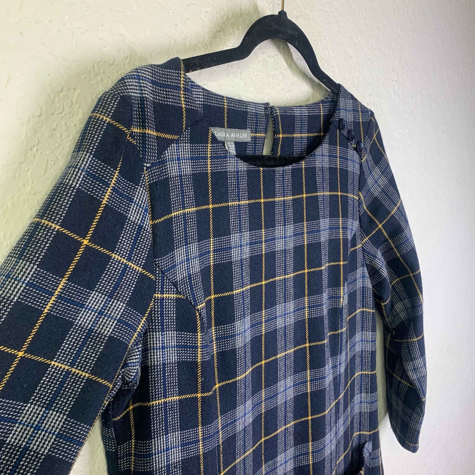 LAURA ASHLEY Dress 8 Shift Plaid Navy Checked Wool Front Pockets Keyhole Closure