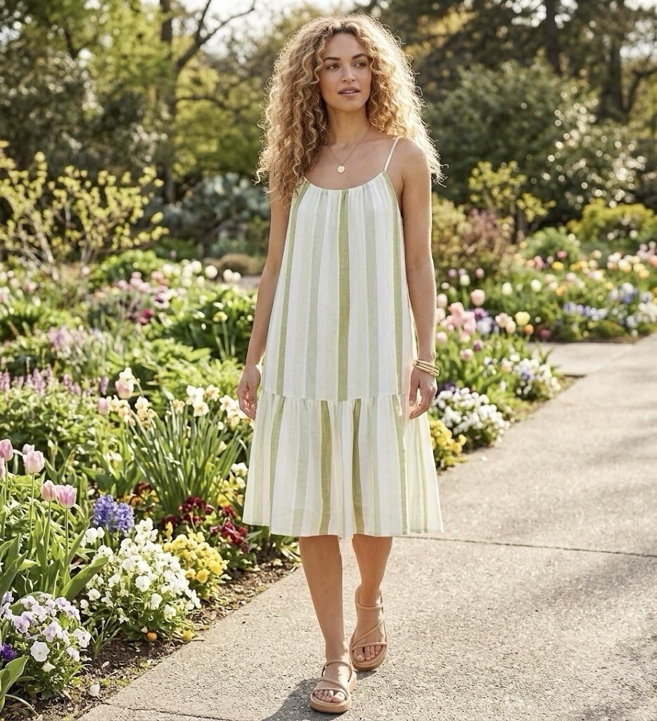 Velvet Heart Green Stripe Linen Blend Tiered Boho Midi Sundress XS S/M? Beach