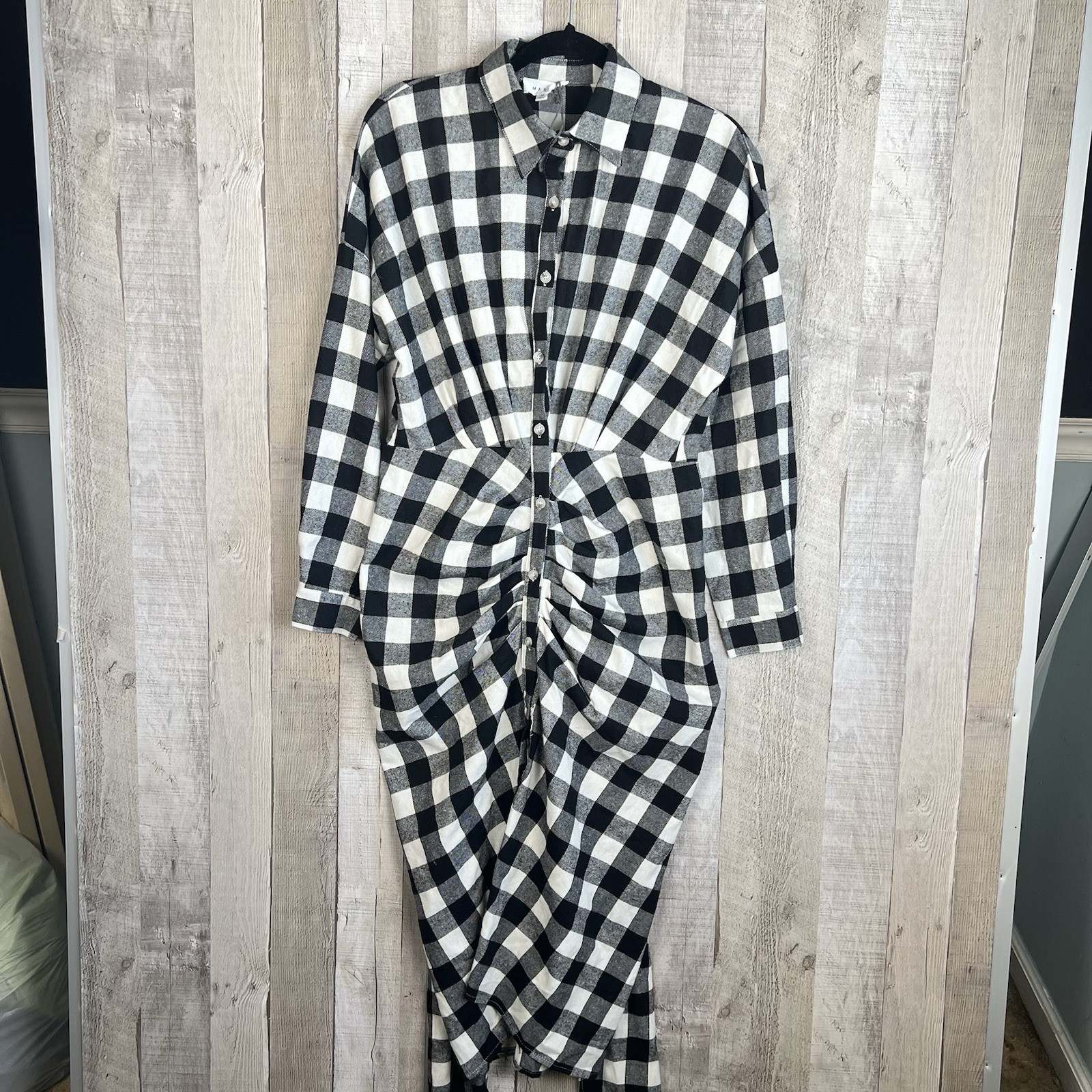 Mable Haeri Flannel Button Down Shirt Midi Dress Women Size Medium Black White