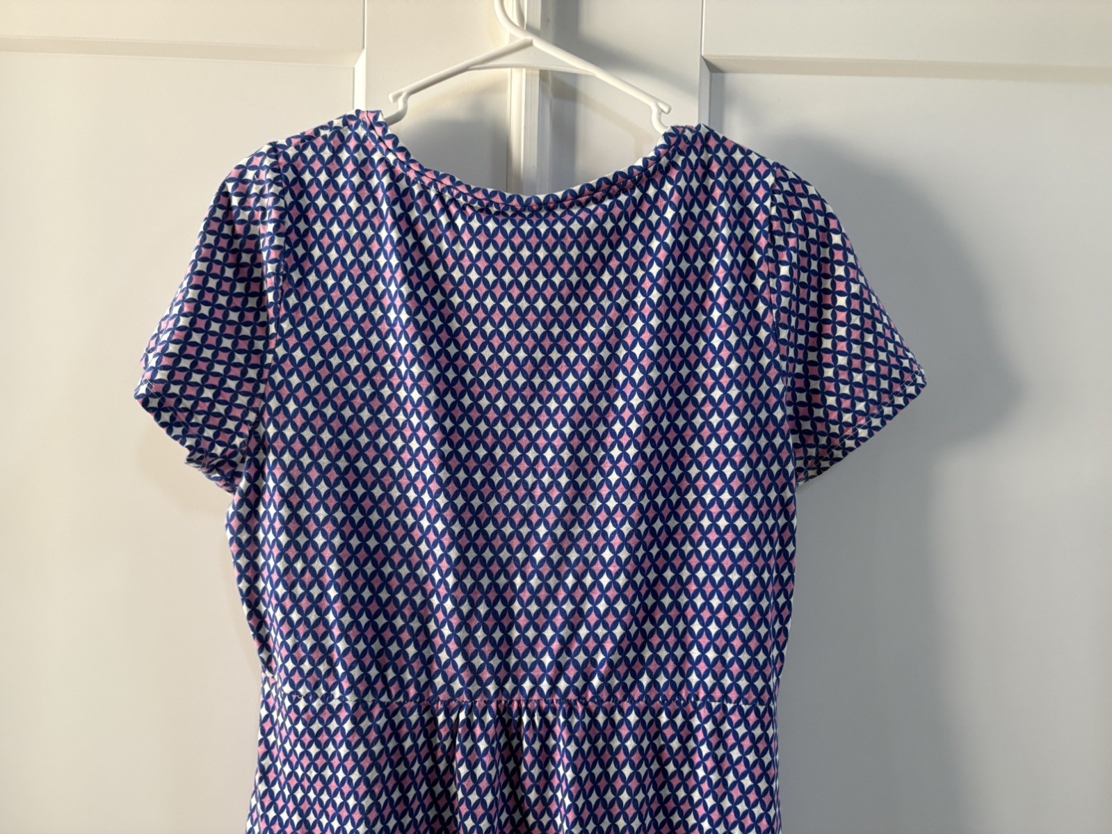 Boden Short Sleeve Melissa Jersey Dress Women 10L Blue Pink V Neck Cotton Ruffle