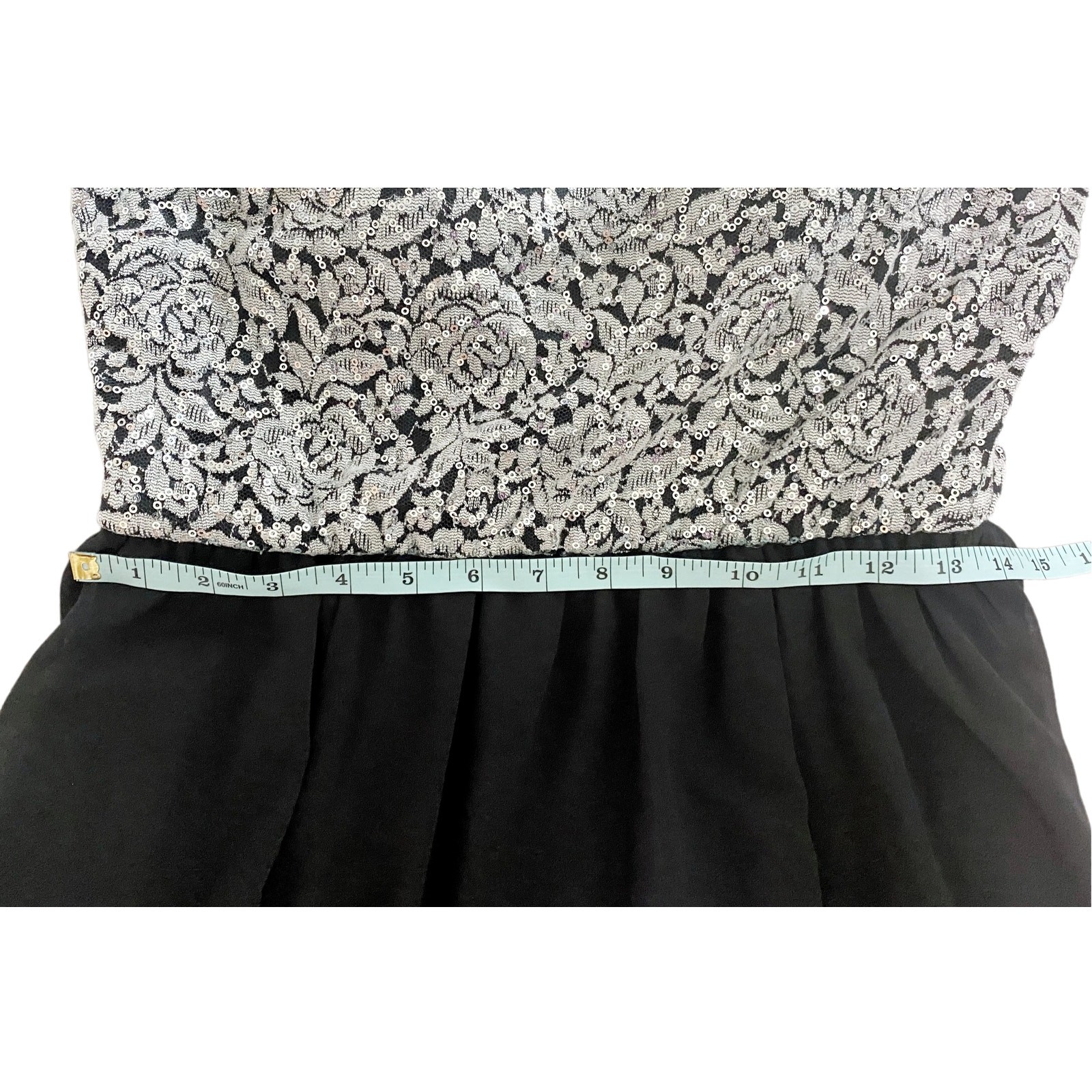 MyMichelle Black Silver Floral Sequin Strapless Dress Womens size L