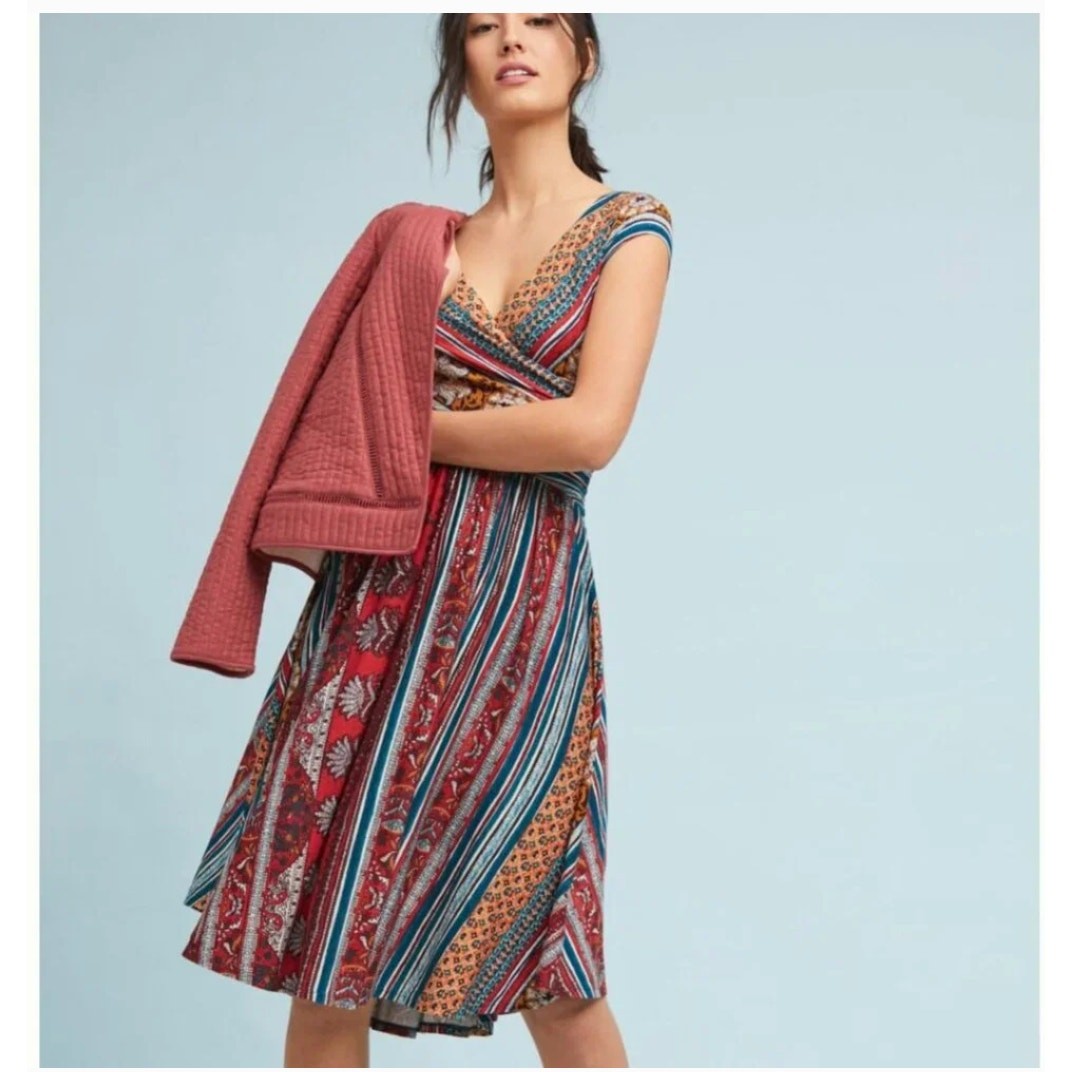 Anthropologie Maeve Tamera Jersey Knit Wrap Dress Large Boho Midi