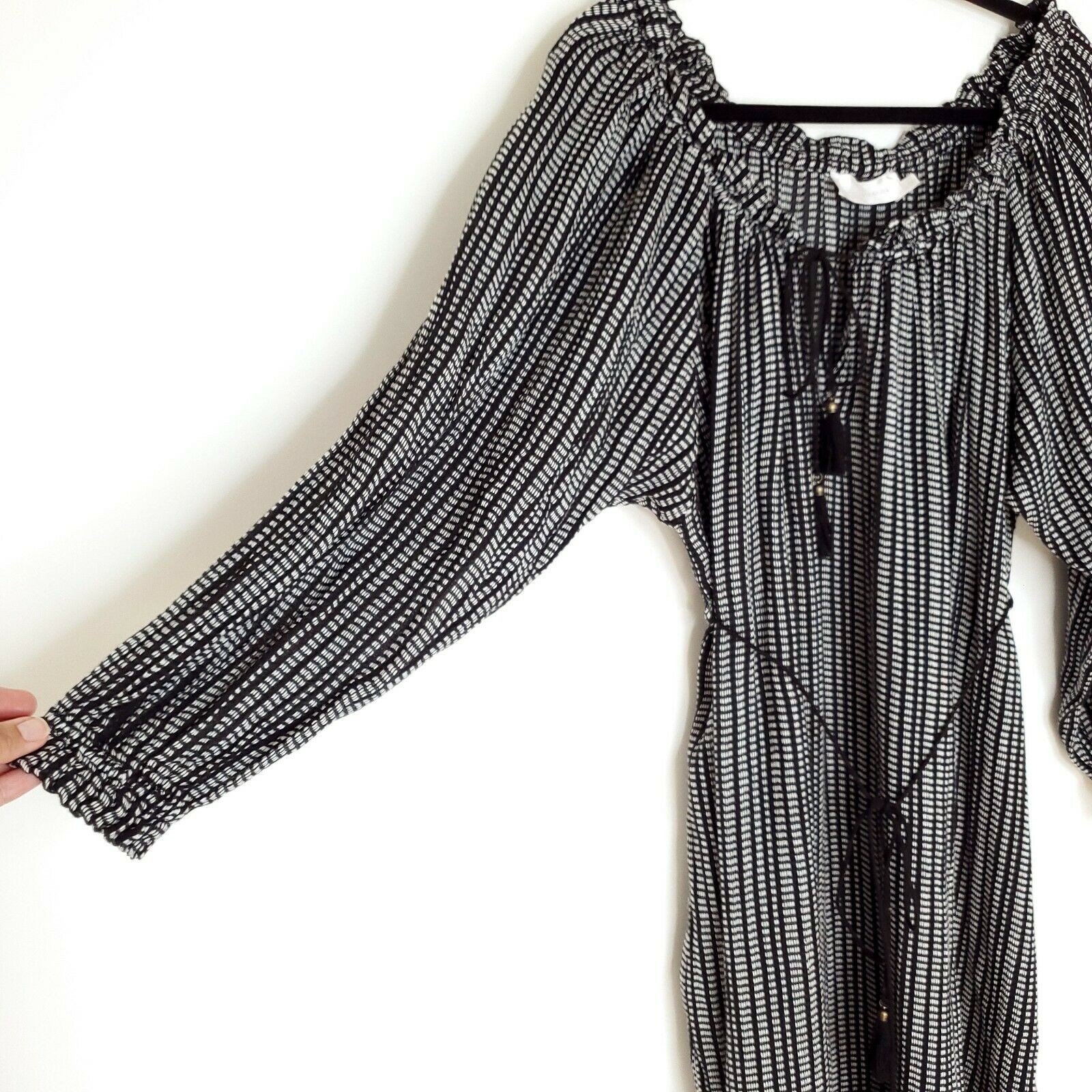 Zimmermann Pavilion Striped Dress 2 Black White Cotton Gauze Tassel Tie Women’s