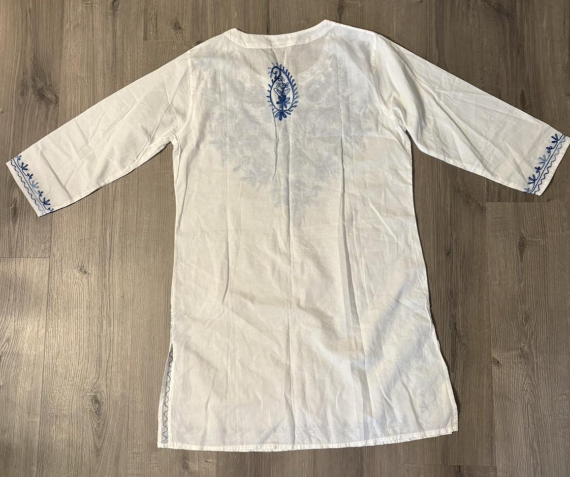 White Blue Embroidered Tunic India Sundress Cover Up Long Sleeve SIZE UNKNOWN