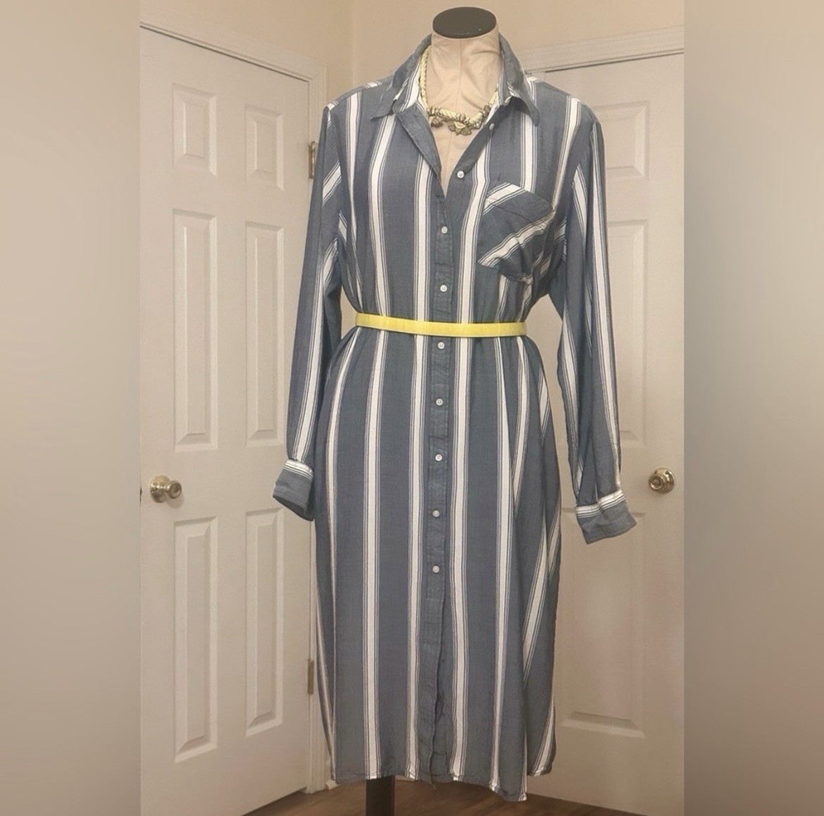 Express Blue/White Striped Shirt Dress Pockets Button Front Collared XL