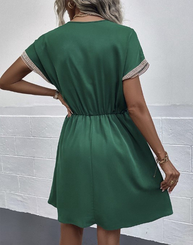 V NECK Summer DRESS WOMEN Short Sleeve Casual Solid Color Ruffle Midi Dresses