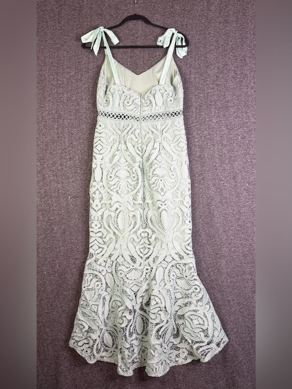 Lulus Won Your Heart Sage Green Lace Tie-Strap High-Low Midi Dress Size L NWT