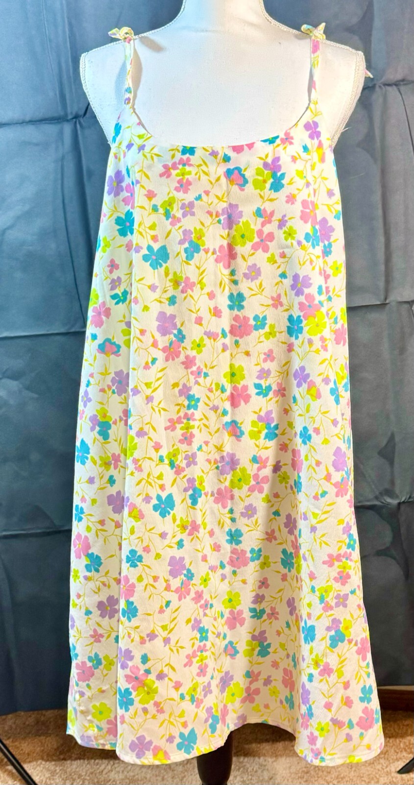 Flowery Sun Dress Overlay L/XL Tie Straps Adjustable Flowy Beach Lightweight