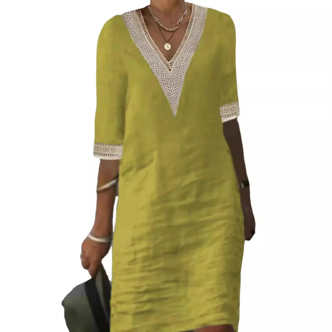 Women Sundress V Neck Cotton Linen Midi Dress Ladies Summer Casual Short Sleeve